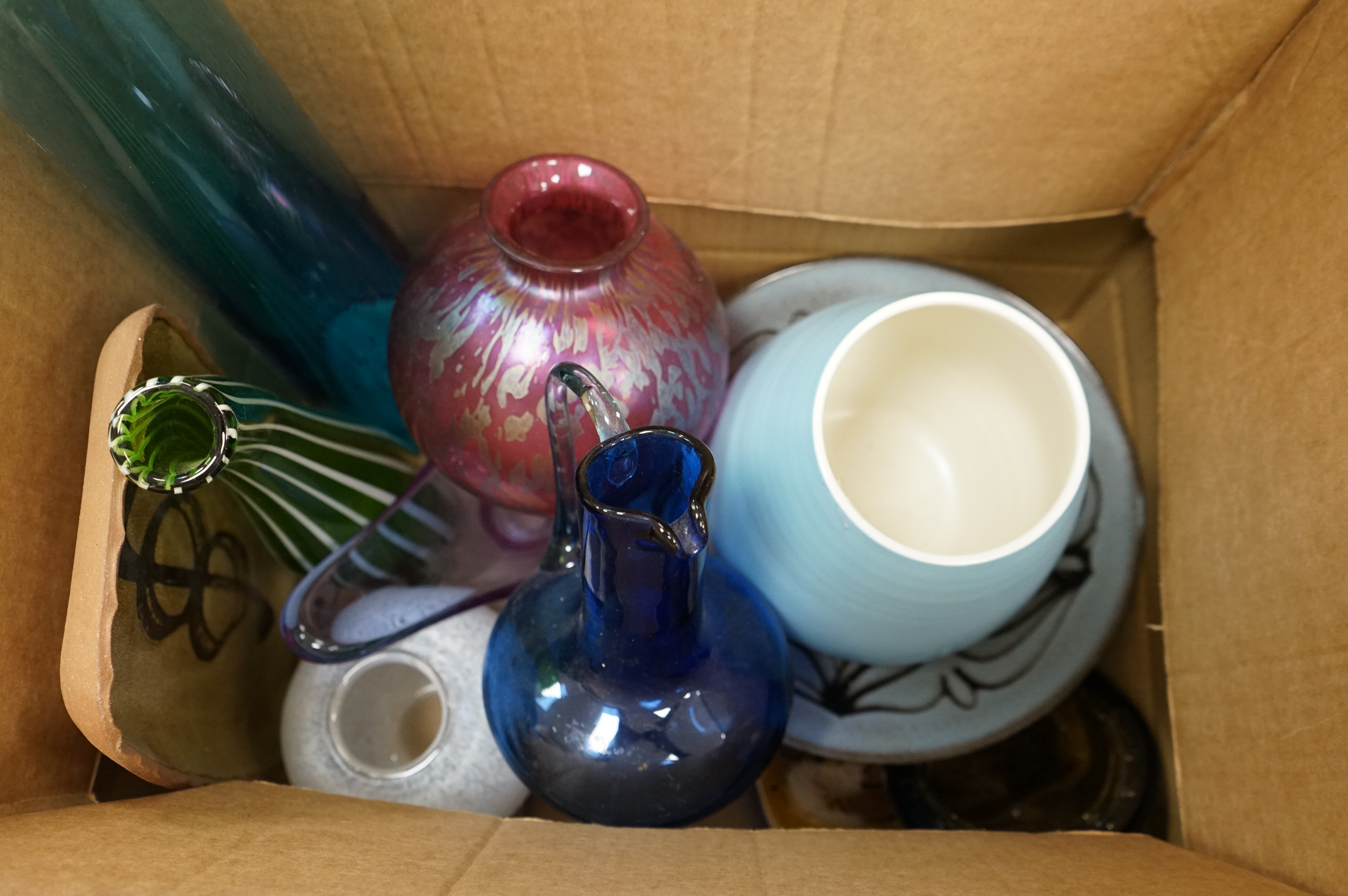 Seven pieces of modern glass to include Royal Brierley and Whitefriars, together a collection of Poole and Studio pottery